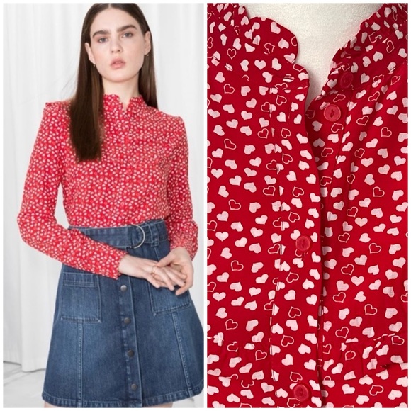 & Other Stories Tops - & Other Stories Heart Print Buttondown Top Blouse 2 Valentine’s Day Holiday Red